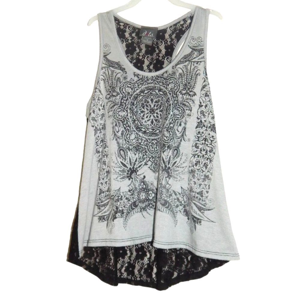 DOTS Gray Black Sheer Lace Back Tank Top Women's Juniors Size Small 3/5